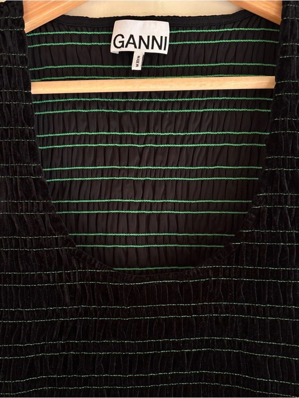 Ganni Black Smocked Cropped Tank Top with Green Stitching - Picture 2 of 8
